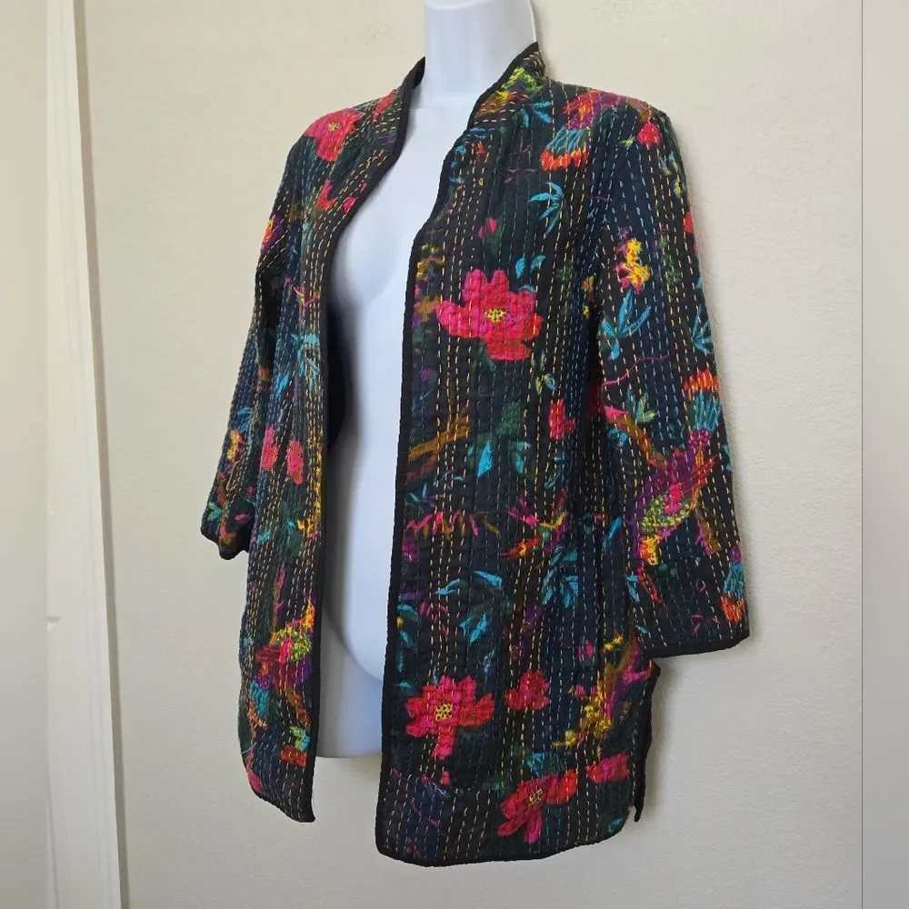 Bohemian Floral Birds Cotton Black Long Jacket Size Small - Picture 7 of 14